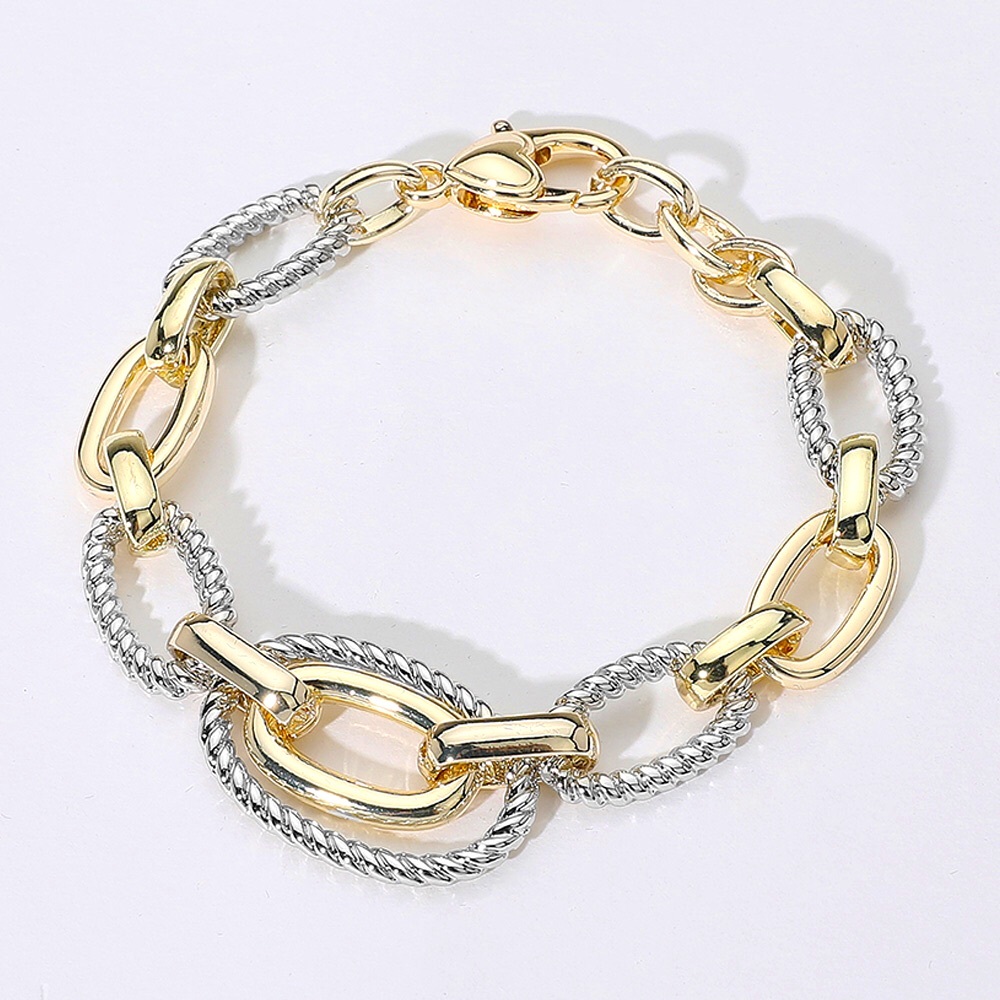 14K Gold Plated 2-Tone Textured Oval Chain Bracelet